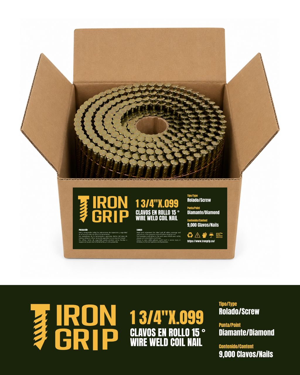 IronGrip 15° Wire-Collated Coil Nails — 0.099" x 1 3/4"
