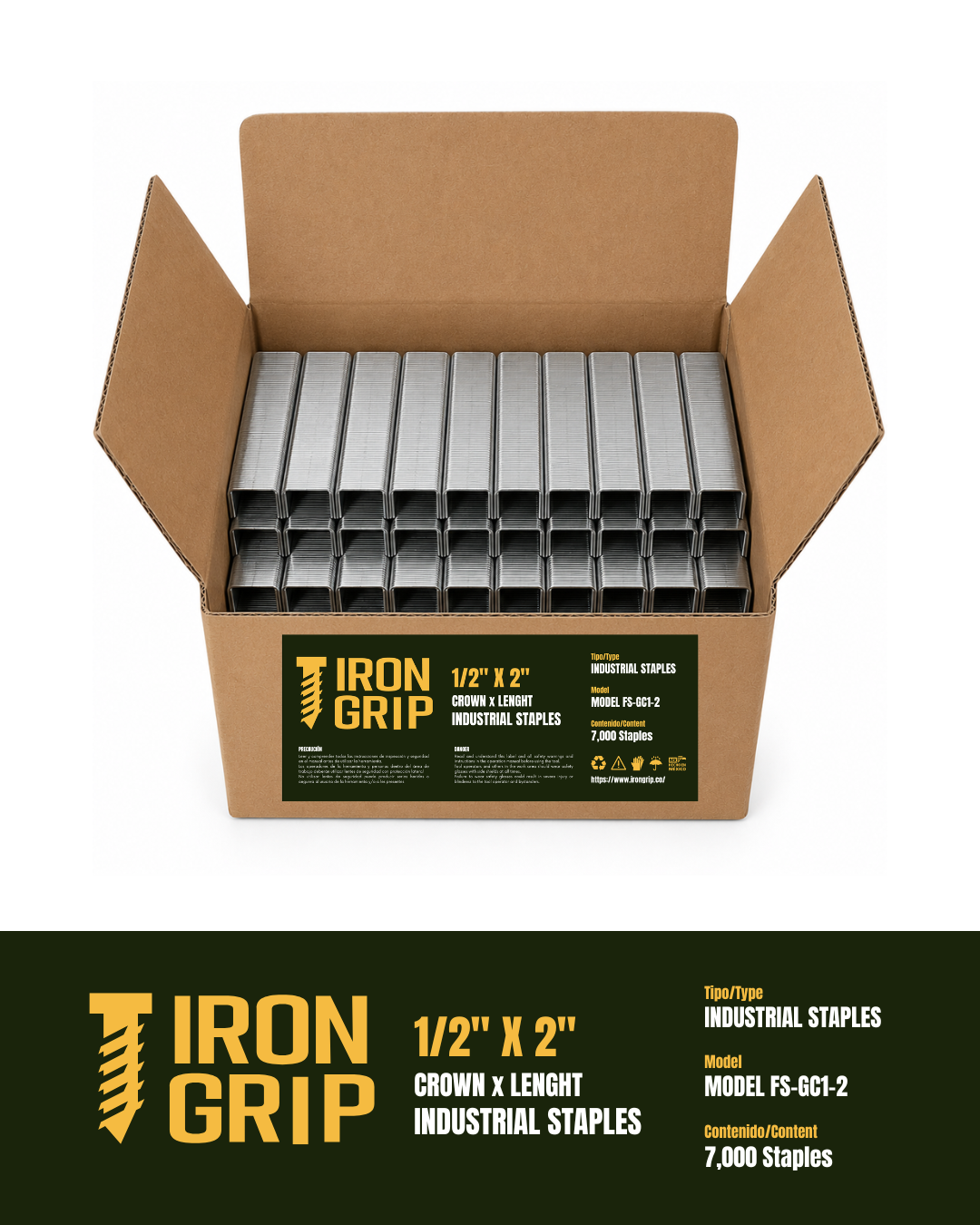 IronGrip FS Series 70 Galvanized Staples — 1/2" crown x 2" leg