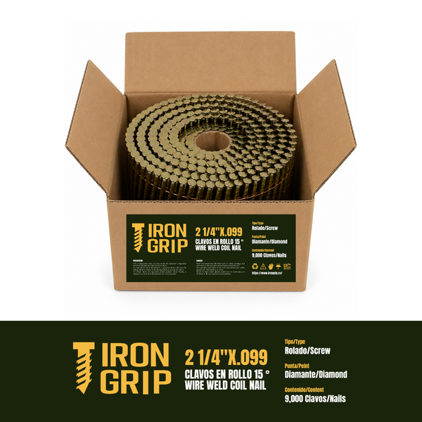 IronGrip 15° Wire-Collated Coil Nails — 0.099" x 2 1/4"