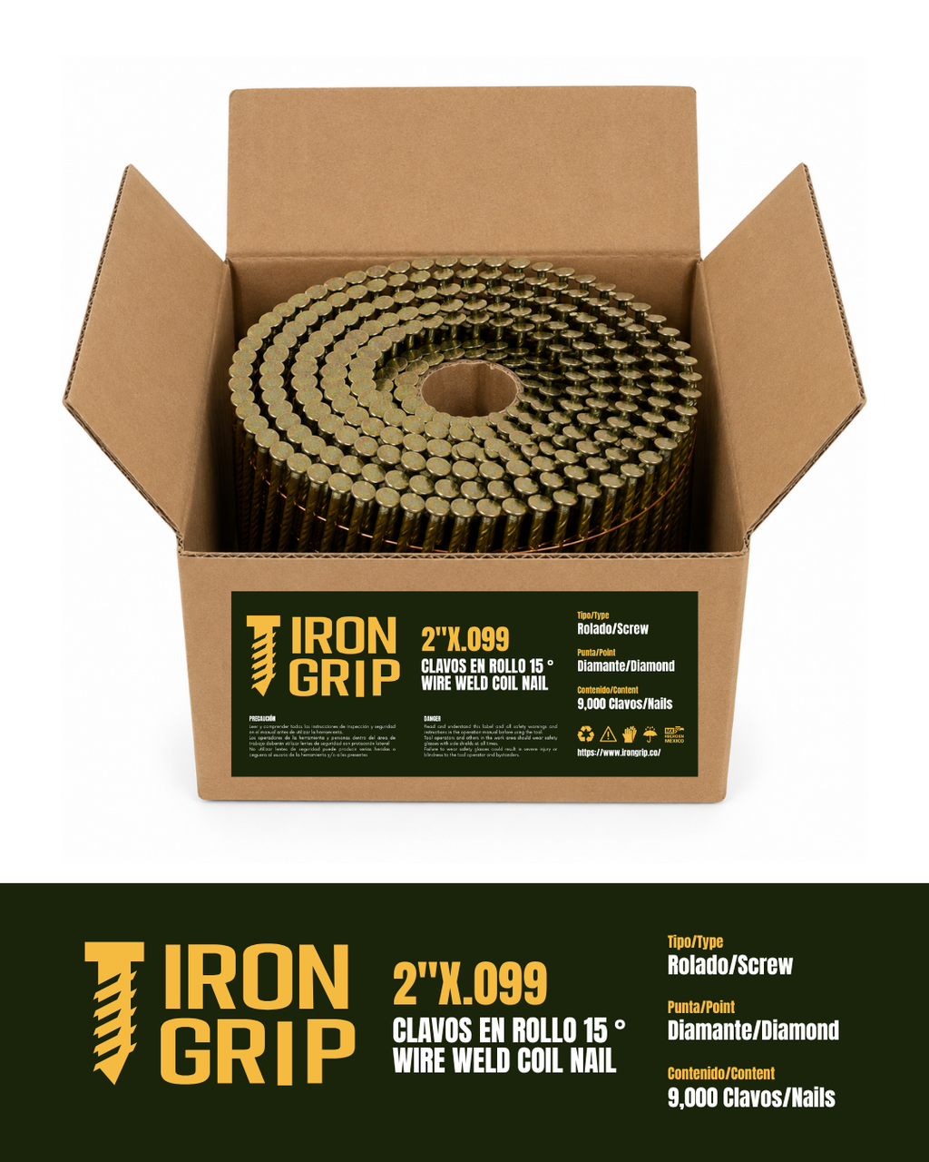 IronGrip 15° Wire-Collated Coil Nails — 0.099" x 2"