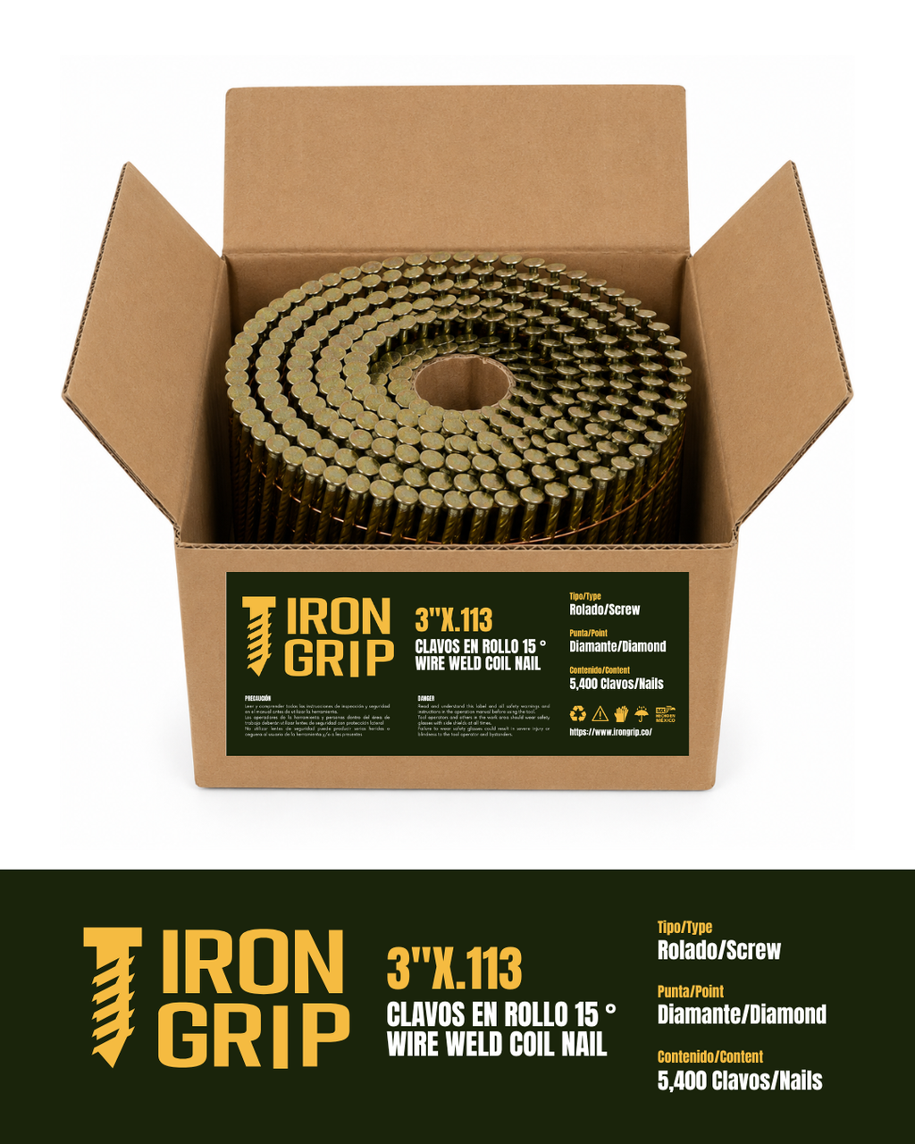 IronGrip 15° Wire-Collated Coil Nails — 0.113" x 3"