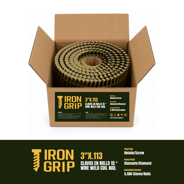 IronGrip 15° Wire-Collated Coil Nails — 0.113" x 3"