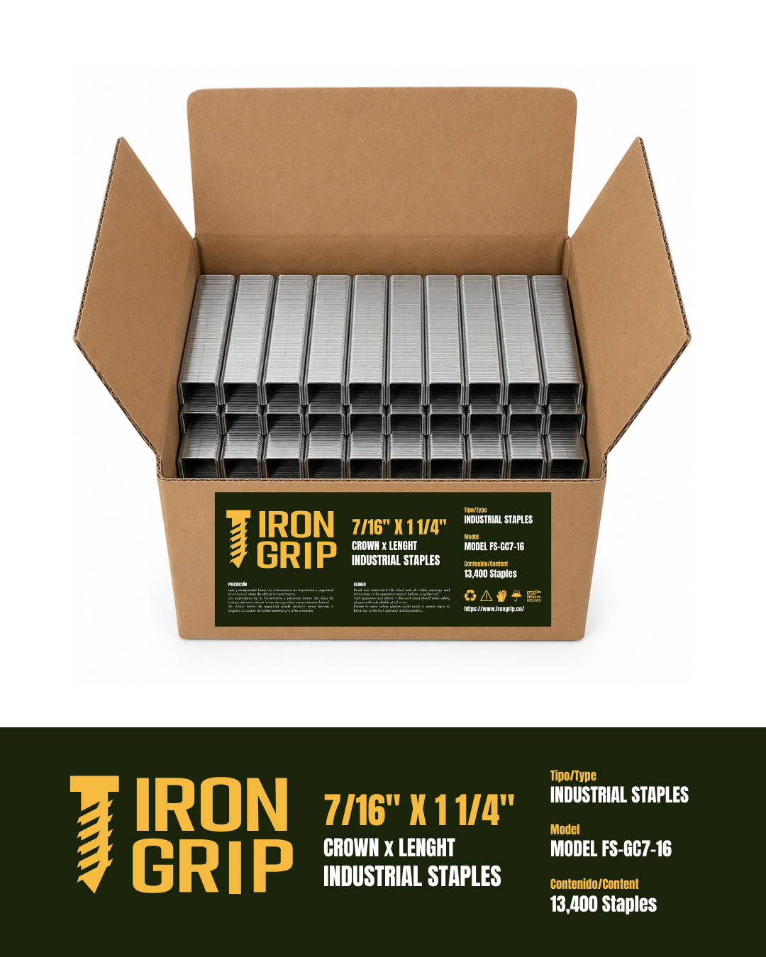 IronGrip FS Series 70 Galvanized Staples — 7/16" crown x 1 1/4" leg