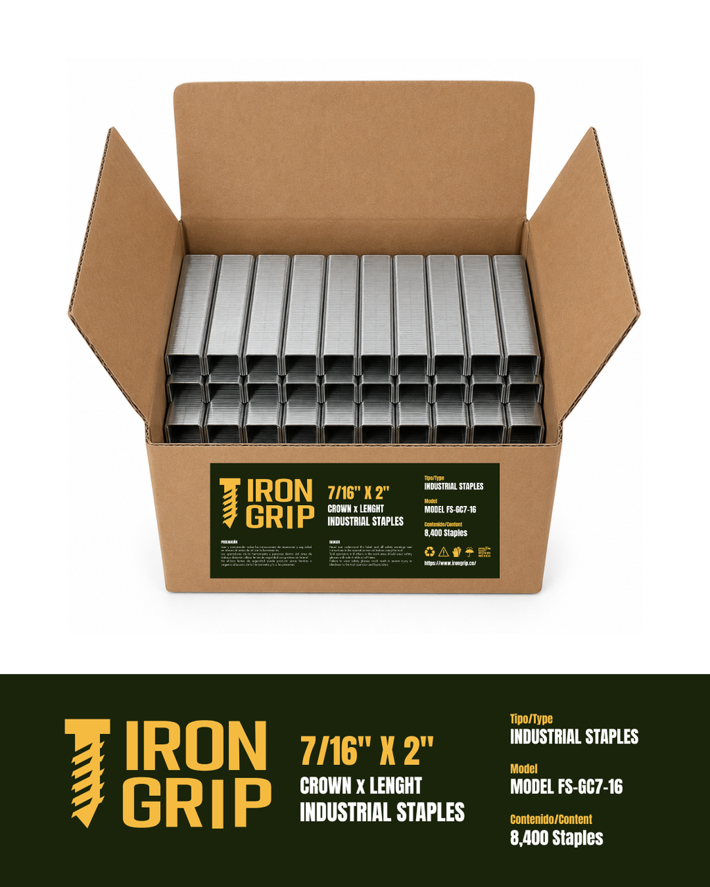 IronGrip FS Series 70 Galvanized Staples — 7/16" crown x 2" leg